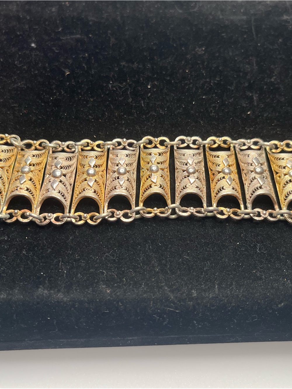 Vintage Filigree Sliver Panel Bracelet Pin Closure 7” Unique Beautiful Patina!